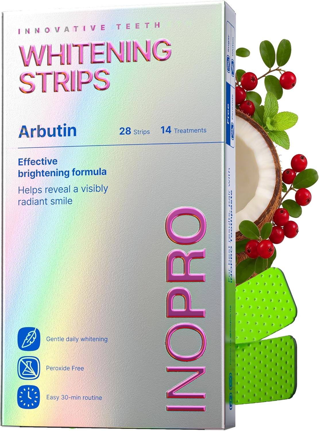 InoPro Teeth Whitening Strips 14 Treatments Kit - Enamel Safe Teeth Whitener, Peroxide-Free, Green White Strips for Teeth Whitening with Arbutin, Coconut Oil, Deep Stains Removal