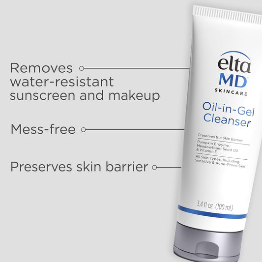 EltaMD Oil-In-Gel Face Cleanser, Gentle Makeup Remover, 3.4 oz