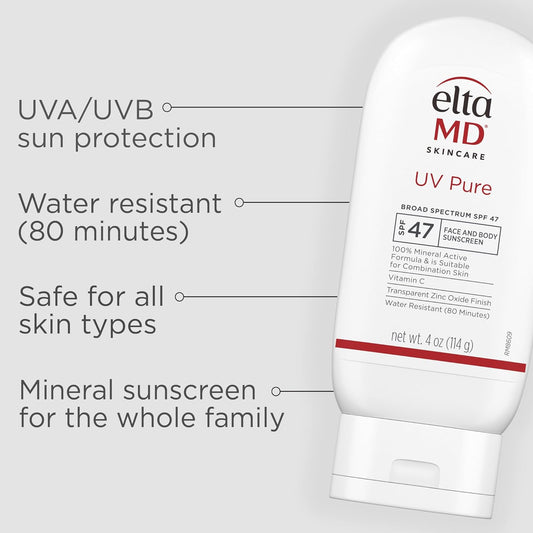 EltaMD UV Pure Face and Body Sunscreen, SPF 47 100% Mineral Sunscreen for Kids and Adults, Water Resistant Up to 80 Minutes, Oil Free Zinc Oxide Formula