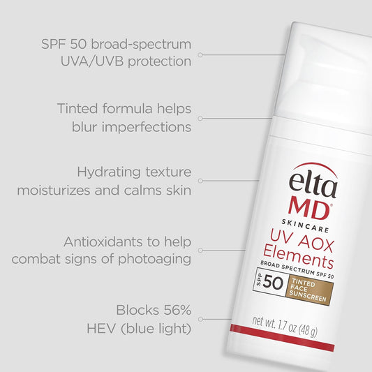 EltaMD UV AOX Elements Tinted Face Sunscreen, SPF 50, 100% Tinted Mineral Sunscreen for Sensitive Skin and Dry Skin with Antioxidants, 1.7 oz Pump