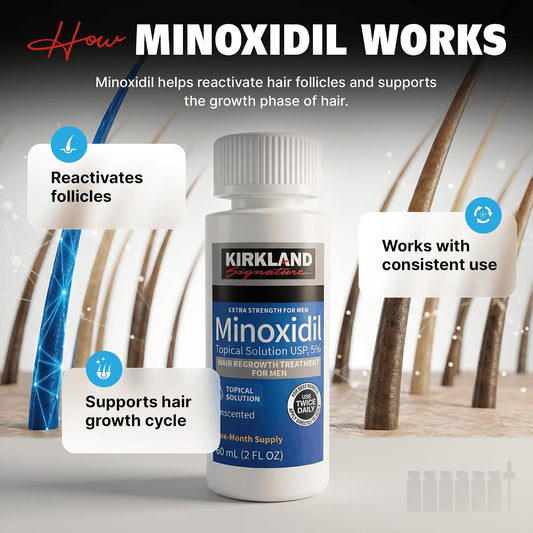 Kirkland Signature Minoxidil Topical Solution USP 5%, Extra Strength Hair Regrowth Treatment for Men, 6 Months Supply