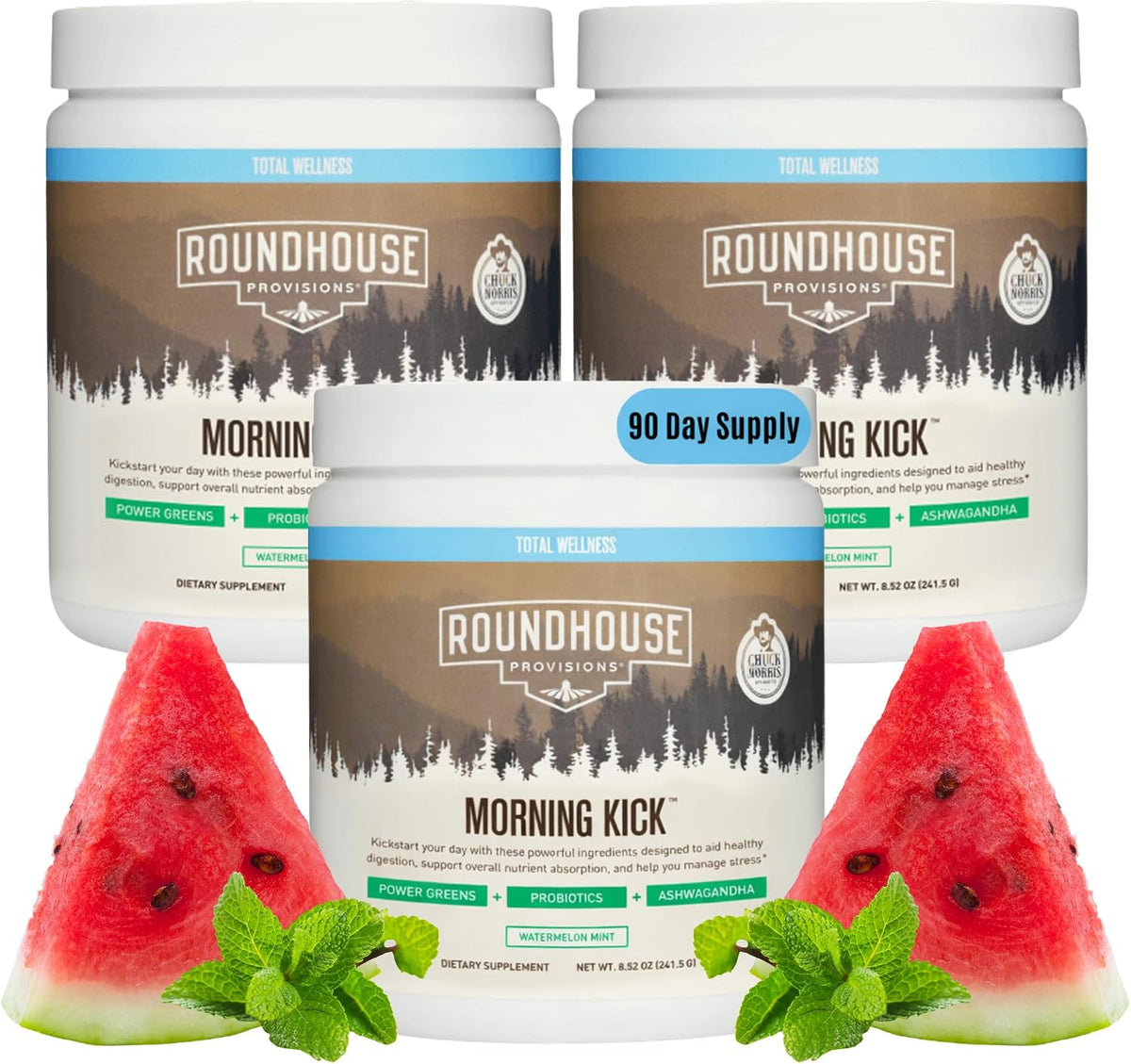 ROUNDHOUSE PROVISION Morning Kick Greens Powder, Watermelon Mint, 3 Pack