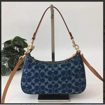 COACH CAF82 Teri Shoulder Bag Signature Denim Blue Vachetta Leather Outlet New